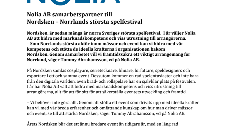 Nolia AB samarbetspartner till  Nordsken – Norrlands största spelfestival