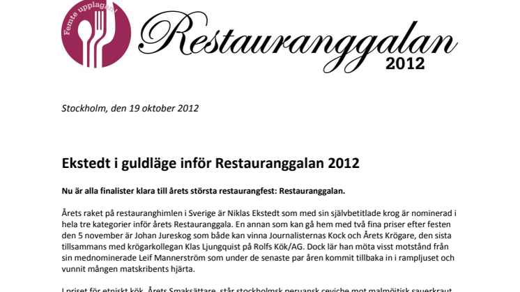 Ekstedt i guldläge inför Restauranggalan 2012