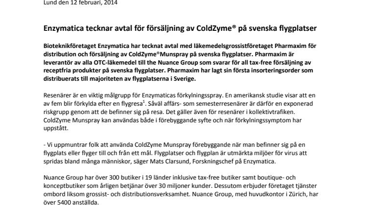 Enzymatica tecknar avtal för försäljning av ColdZyme® på svenska flygplatser