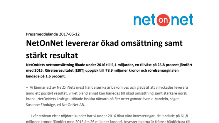 NetOnNet levererar ökad omsättning samt stärkt resultat 