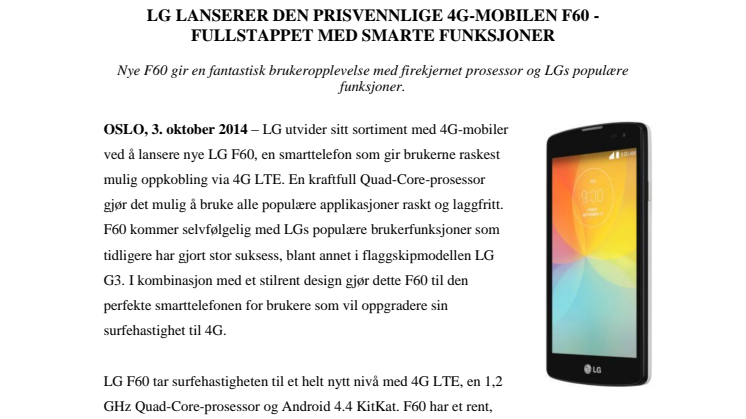 LG LANSERER DEN PRISVENNLIGE 4G-MOBILEN F60 - FULLSTAPPET MED SMARTE FUNKSJONER