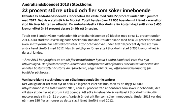 Andrahandsboendet 2013 i Stockholm: 22 procent större utbud och fler som söker inneboende