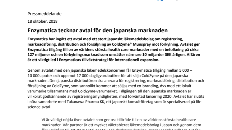 Enzymatica tecknar avtal för den japanska marknaden