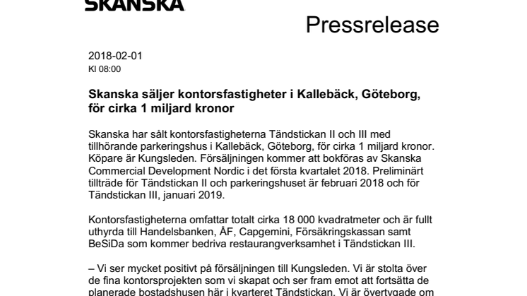 Skanska säljer kontorsfastigheter i Kallebäck, Göteborg, för cirka 1 miljard kronor