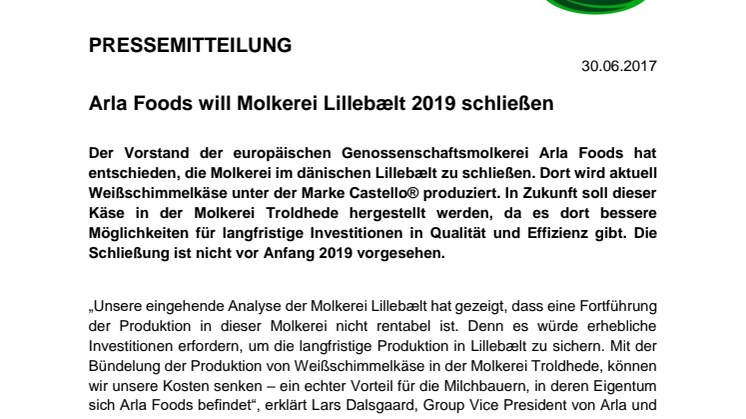 Arla Foods will Molkerei Lillebælt 2019 schließen