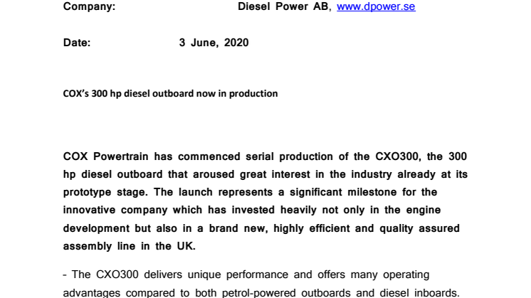COX’s 300 hp diesel outboard now in production