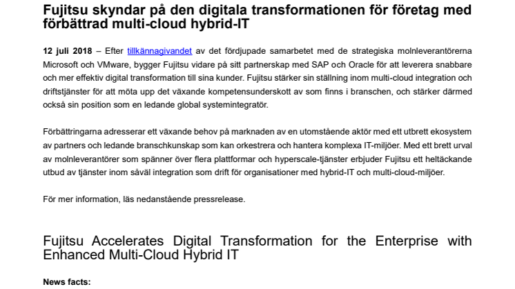 Fujitsu skyndar på den digitala transformationen för företag med förbättrad multi-cloud hybrid-IT