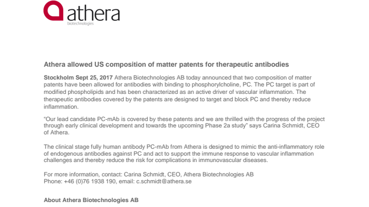 Athera allowed US composition of matter patents for therapeutic antibodies