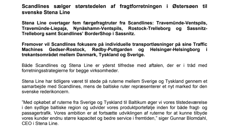 Scandlines sælger størstedelen af fragtforretningen i Østersøen til svenske Stena Line