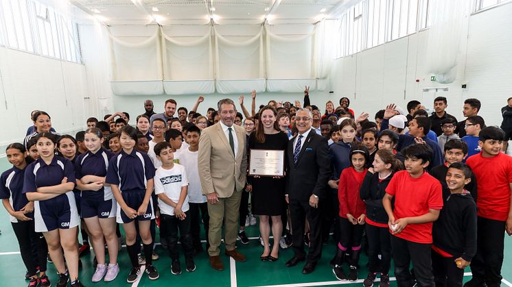 Graham Gooch, Waltham Forest Council Leader, Clare Coghill & Lord Patel of Bradford, Chair of ECB South Asian Advisory Group open Leyton Cricket Hub 