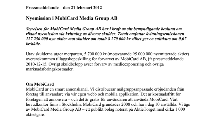 Nyemission i MobiCard Media Group AB