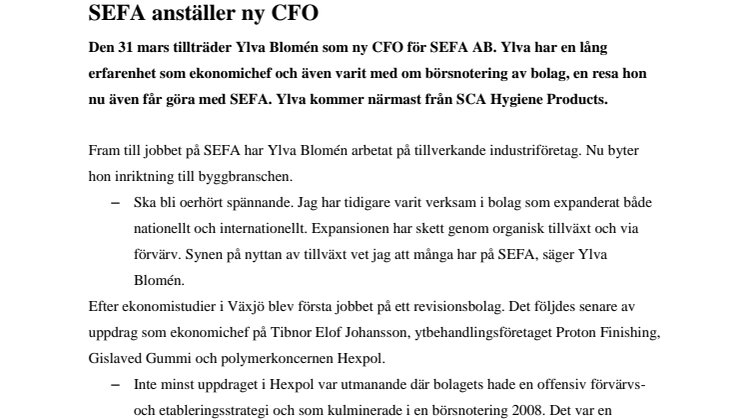 SEFA anställer Ylva Blomén som ny CFO 