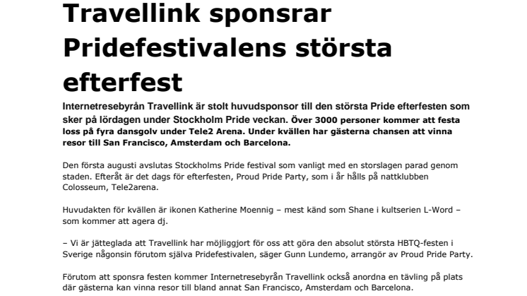 Travellink sponsrar den största efterfesten under Stockholm Pride