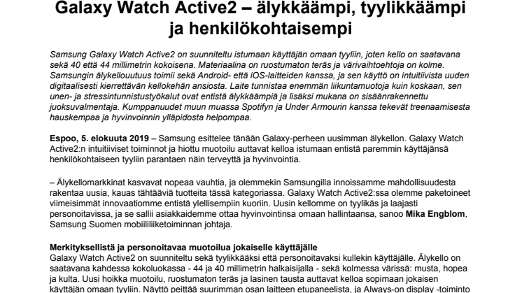 Galaxy Watch Active2 – älykkäämpi, tyylikkäämpi ja henkilökohtaisempi