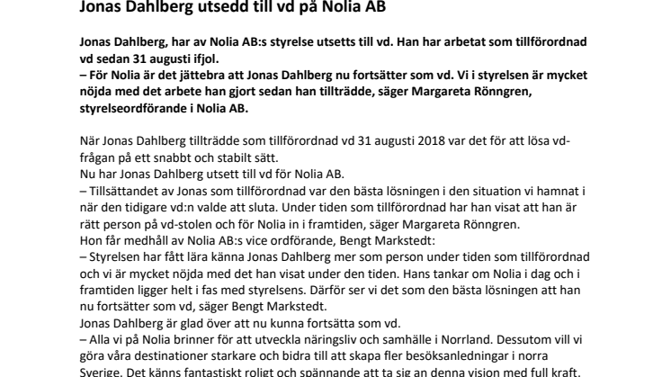 Jonas Dahlberg utsedd till vd på Nolia AB