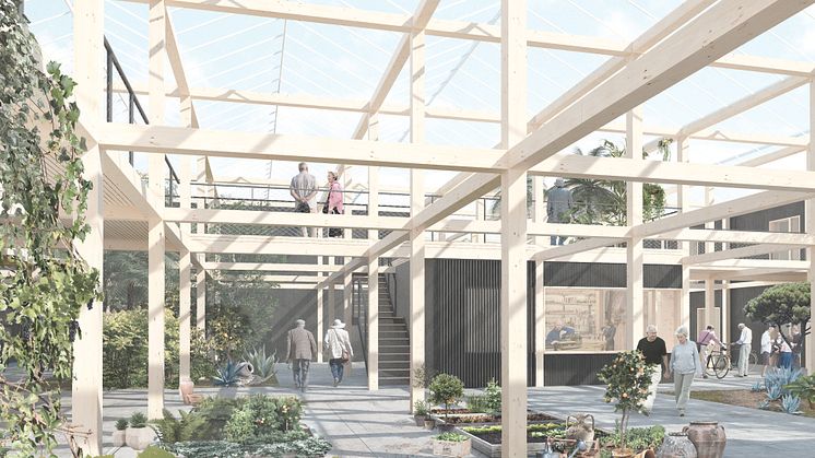 Den overdækkede fælles atriumhave giver både lys, luft, duft og skaber en ramme for nærhed og samvær. Illustration: SANGBERG Architects