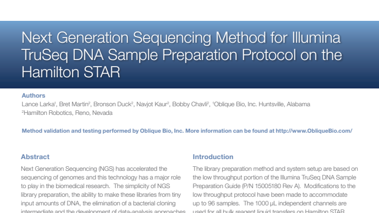Next Generation Sequencing Method for Illumina TruSeq DNA Sample Preparation Protocol on the Hamilton STAR