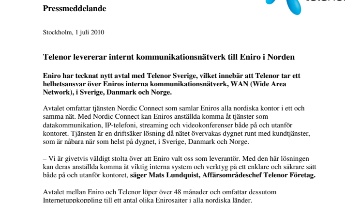 Telenor levererar internt kommunikationsnätverk till Eniro i Norden