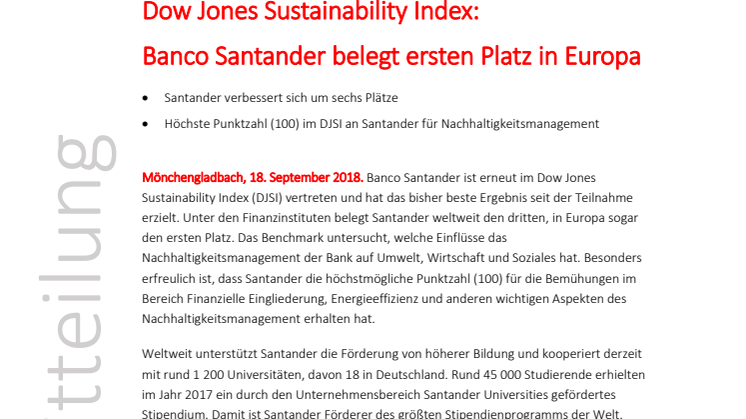 Dow Jones Sustainability Index:  Banco Santander belegt ersten Platz in Europa