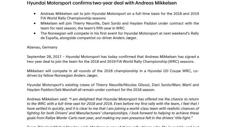 Andreas Mikkelsen har signert to-års kontrakt med Hyundai