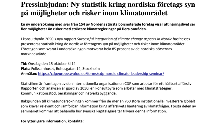 Pressinbjudan: Ny statistik kring nordiska företags syn på möjligheter och risker inom klimatområdet