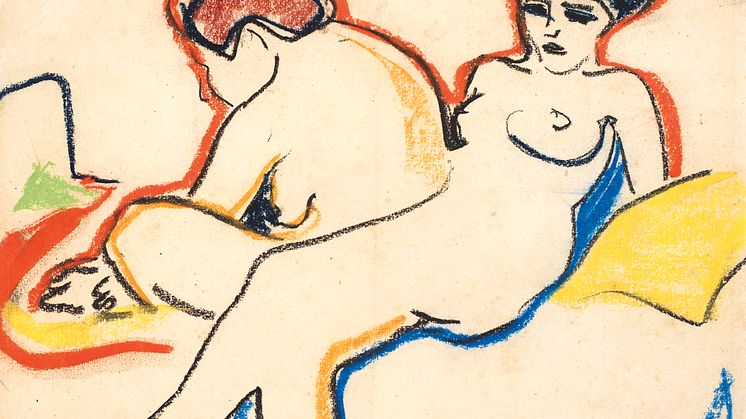 Ernst Ludwig Kirchner: Zwei Akte auf einem Lager (1905). Schwarze Kunstkreide und Farbkreiden auf Papier.  Kunstmuseum Bern, Legat Cornelius Gurlitt  2014.