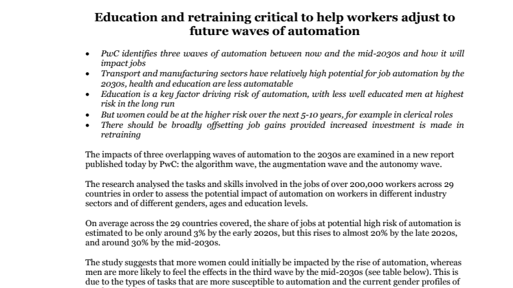 Education and retraining critical to help workers adjust to future waves of automation