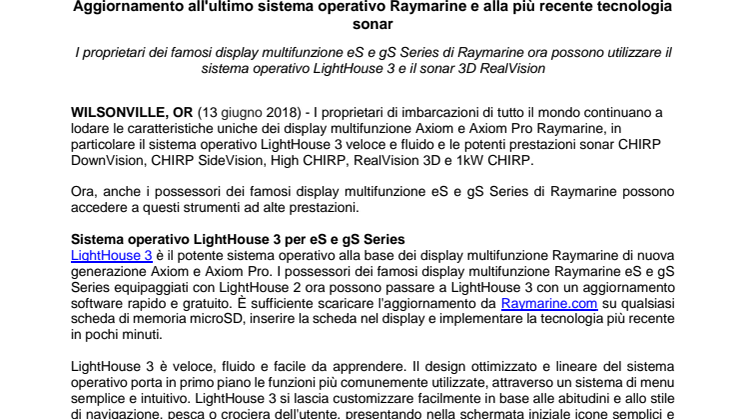 Raymarine: Aggiornamento all'ultimo sistema operativo Raymarine e alla più recente tecnologia sonar