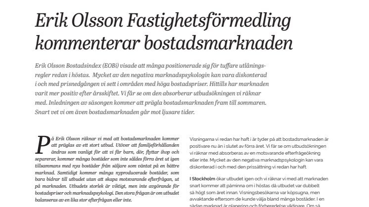 Erik Olsson Fastighetsförmedling kommenterar bostadsmarknaden 15 jan 2018