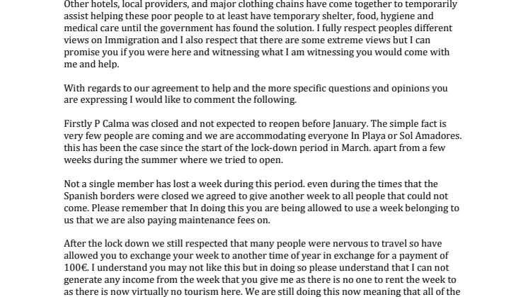 Calvin Lucock (MD of Holiday Club Canaries) statement on housing refugees
