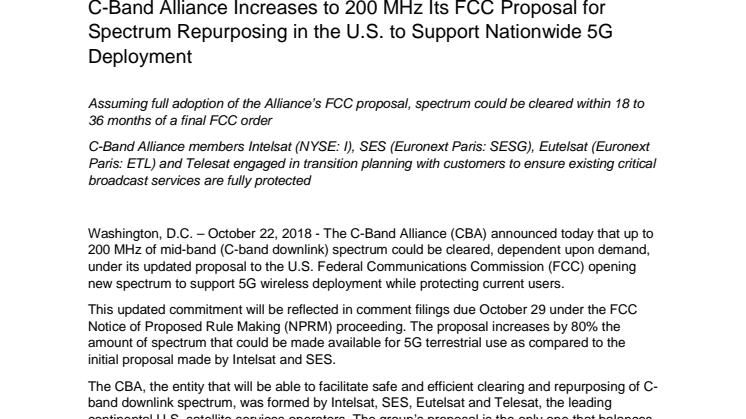 C-Band Alliance Increases to 200 MHz Its FCC Proposal for Spectrum Repurposing in the U.S. to Support Nationwide 5G Deployment