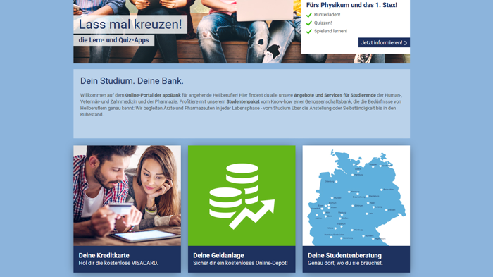 Alle Inhalte der apoBank für Heilberufe-Studenten in einem frischen, modernen Look. Bild: apoBank