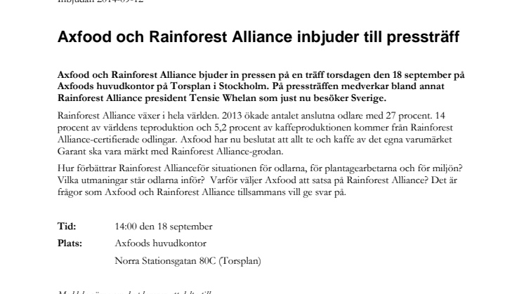 Axfood och Rainforest Alliance inbjuder till pressträff