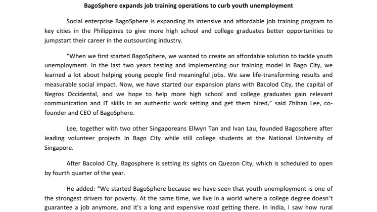 BagoSphere expands job training operations to curb youth unemployment