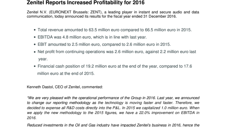 Zenitel Reports Increased Profitability for 2016