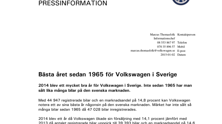 Bästa året sedan 1965 för Volkswagen i Sverige