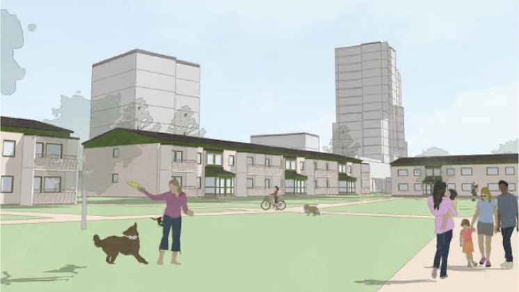 Vy över befintlig och ny bebyggelse på Hagaberg. Illustration ur förslag till Framtidens stadsdel i Lindesberg.