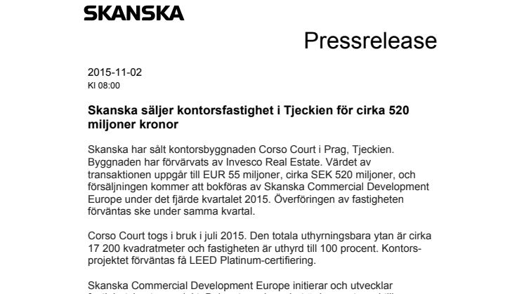 Skanska säljer kontorsfastighet i Tjeckien för cirka 520 miljoner kronor