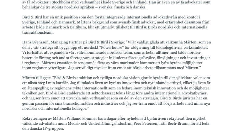 Bird & Bird rekryterar Mårten Willamo för att leda den Nordiska transaktionsgruppen
