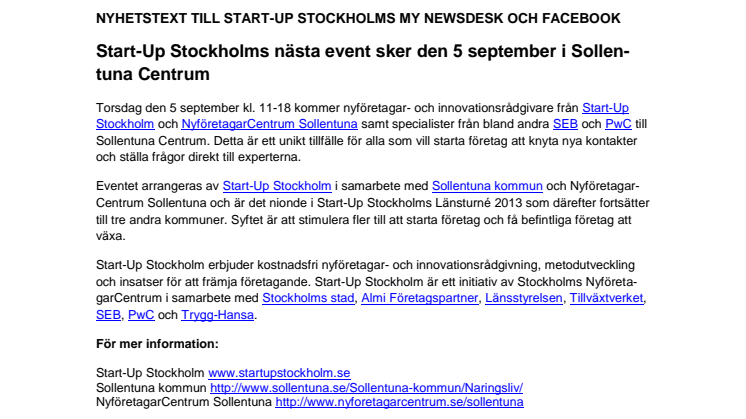 Start-Up Stockholms nästa event sker den 5 september i Sollentuna Centrum