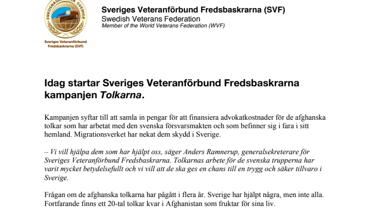 ​Idag startar Sveriges Veteranförbund Fredsbaskrarna kampanjen Tolkarna