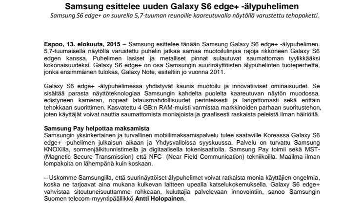 ​Samsung esittelee uuden Galaxy S6 edge+ -älypuhelimen