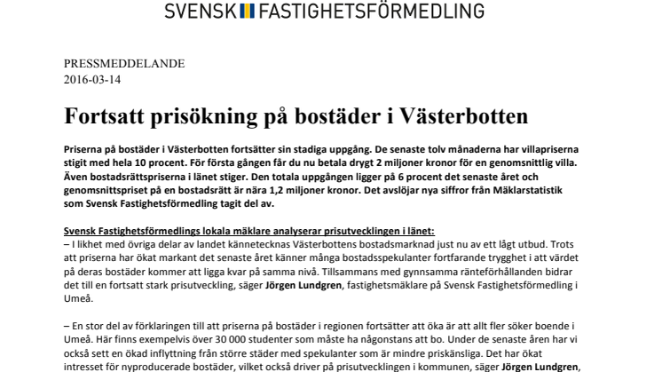 Fortsatt prisökning på bostäder i Västerbotten