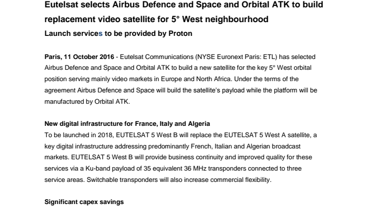 Eutelsat selects Airbus Defence and Space and Orbital ATK to build replacement video satellite for 5° West neighbourhood 