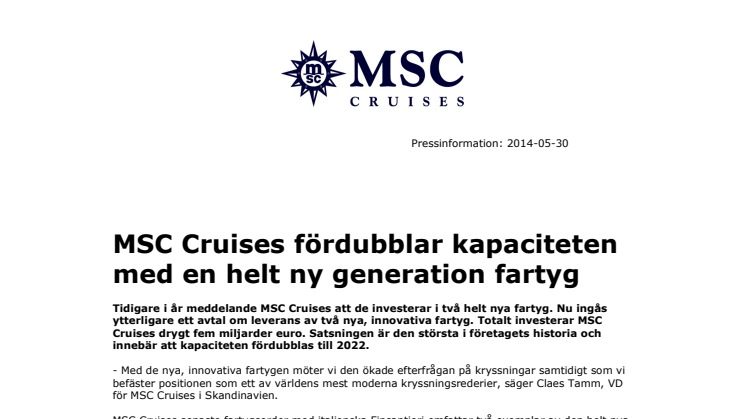 MSC Cruises fördubblar kapaciteten med en helt ny generation fartyg