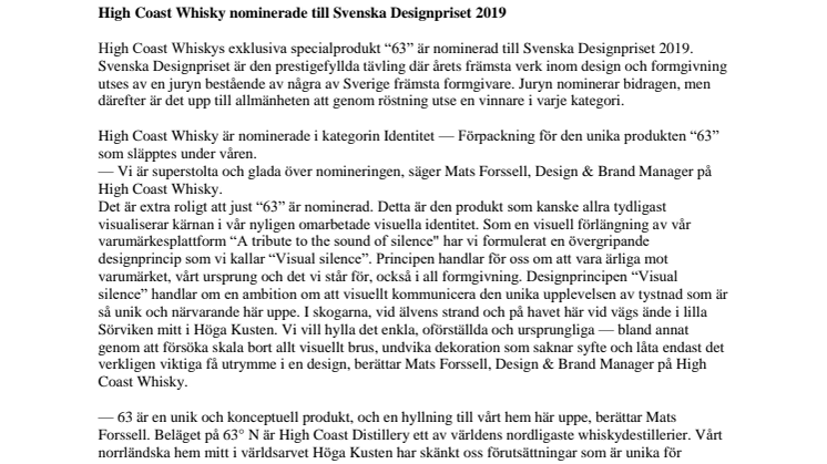 High Coast Whisky nominerade till Svenska Designpriset 2019