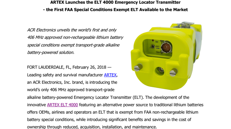 ARTEX Launches the ELT 4000 Emergency Locator Transmitter - the First FAA Special Conditions Exempt ELT Available to the Market