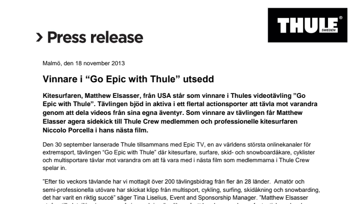 Vinnare i “Go Epic with Thule” utsedd