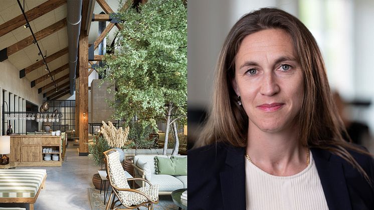 Anna Rosang är Winn Hotel Groups nya Chief Commercial Officer. I bild syns också Högbo Brukshotells nya spalounge. 