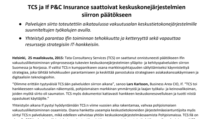 TCS ja If P&C Insurance saattoivat keskuskonejärjestelmien  siirron päätökseen